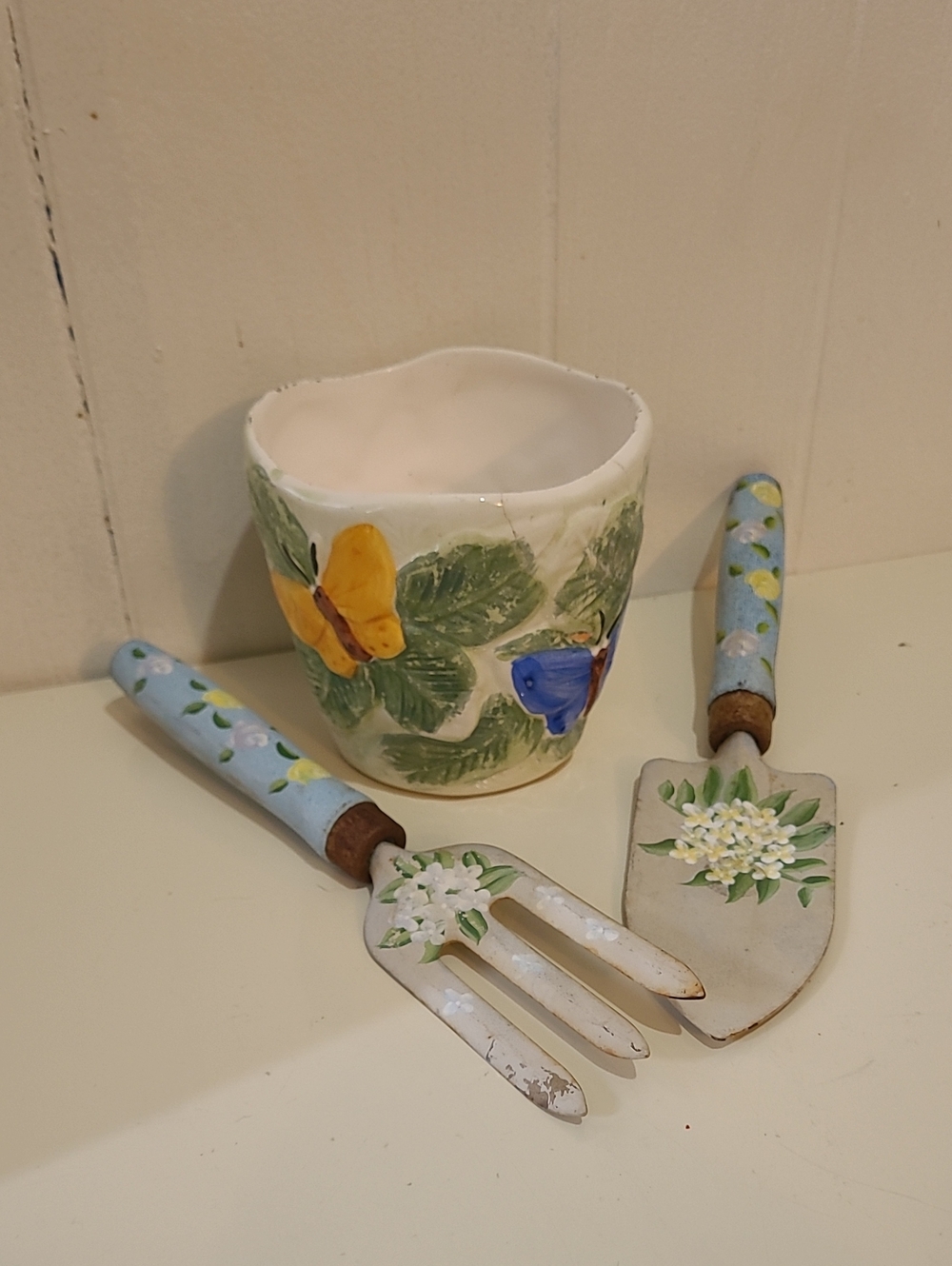 Hand-Painted Ceramic Planter with Floral Garden Tools - Blue & Yellow